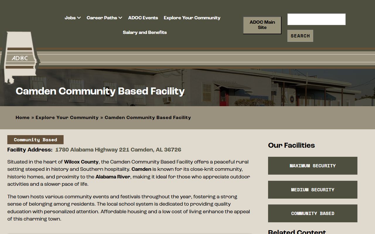 Camden Community Based Facility ADOC recruiting page with Wilcox County work center context
