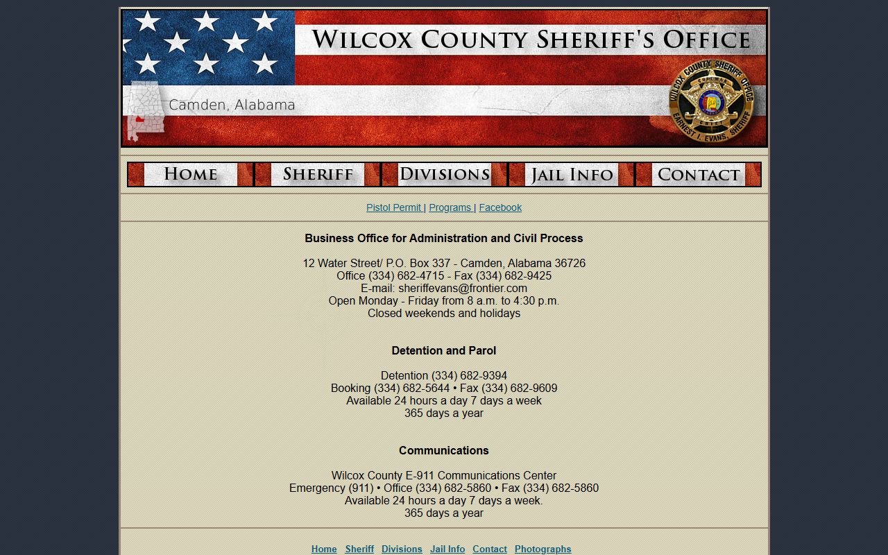 Wilcox County inmate population detention and booking contact lines